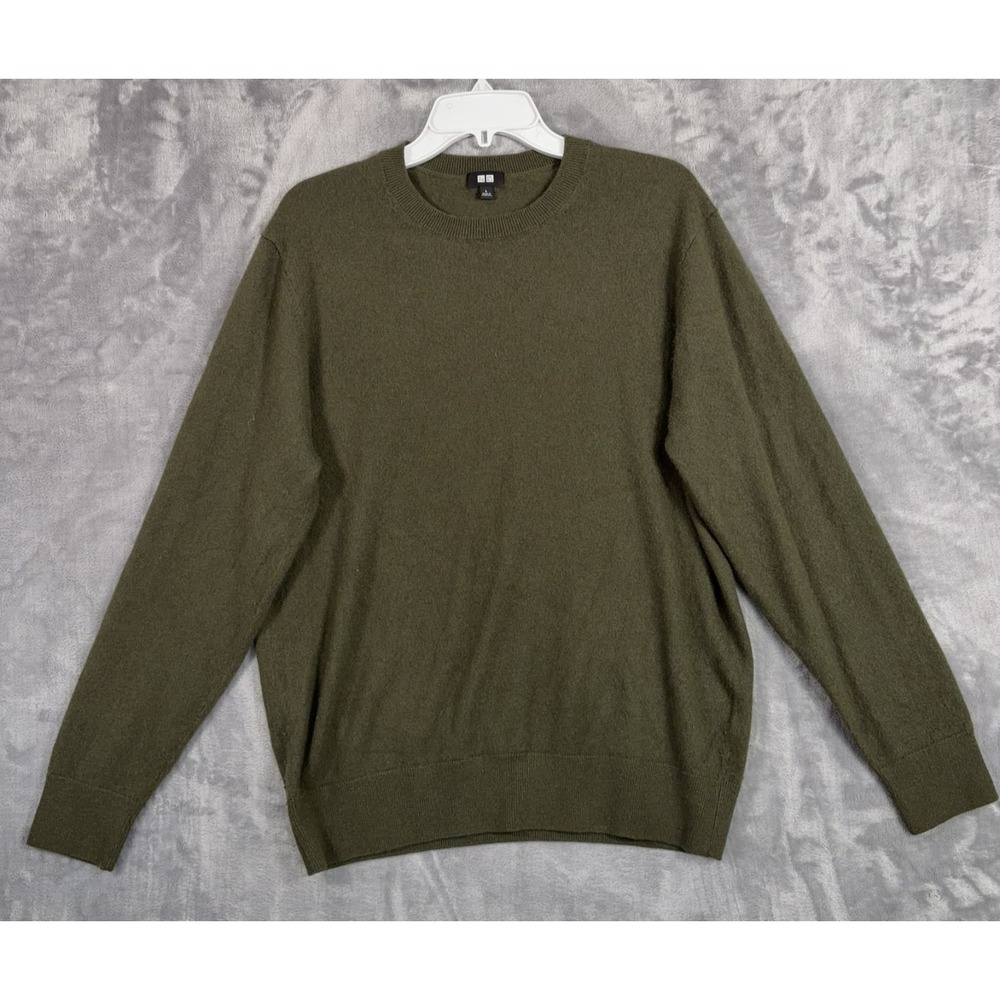 Uniqlo 100% Cashmere Sweater Mens Large Olive Green Crewneck Light Pullover